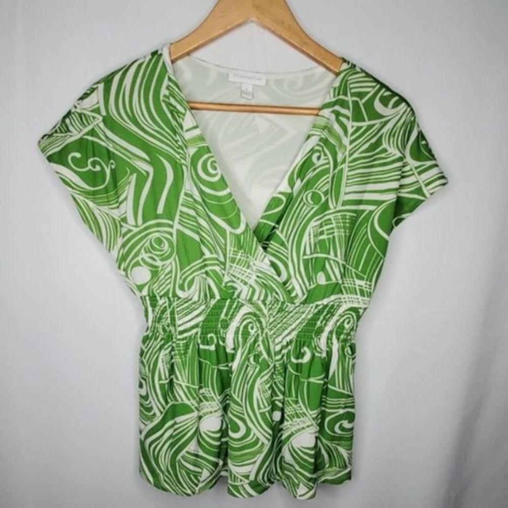 Charter Club Cross‎ Front V-Neck Babydoll Top Green Cream Abstract Print M